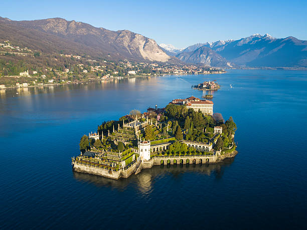 Isola Bella on Lake Maggiore from bird view stock photo