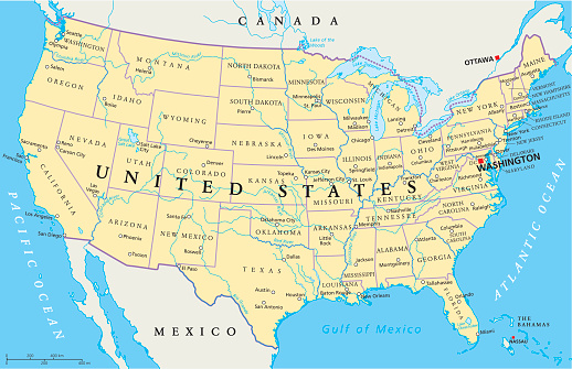 United States of America Political Map with capital Washington, national borders, most important cities, rivers and lakes. Map with single states, their borders and capitals, except Hawaii and Alaska. English labeling and scaling.