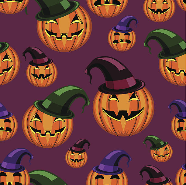ilustraciones, imágenes clip art, dibujos animados e iconos de stock de patrón perfecto de halloween con calabaza con perfil en'u" - spider web halloween corn pumpkin