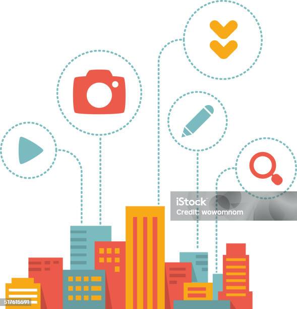 Flat Style Illustration Modern City With Icons Of Daily Activit Stock Illustration - Download Image Now