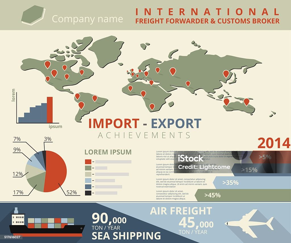 Infographic illustration of import and export Infographic illustration of import and export achievements for freight forwarder and customs broker Achievement stock vector