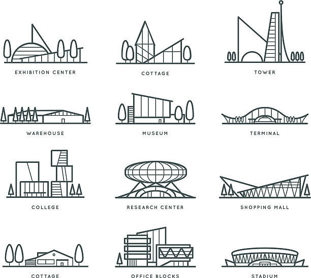 illustrazioni stock, clip art, cartoni animati e icone di tendenza di stilizzato moderno piatto set di schemi di edifici della città - stadio illustrazioni