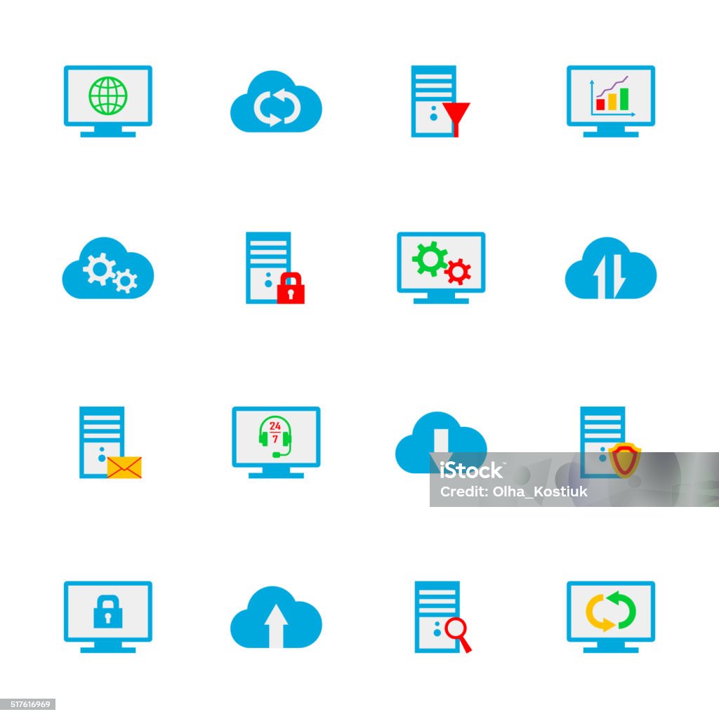 Flat hosting, server, database, network and cloud computing icons. Flat design vector set with hosting, server, database, network and cloud computing icons. Accessibility stock vector