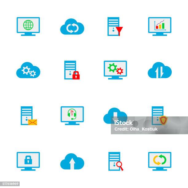 Flat Hosting Server Database Network And Cloud Computing Icons Stock Illustration - Download Image Now