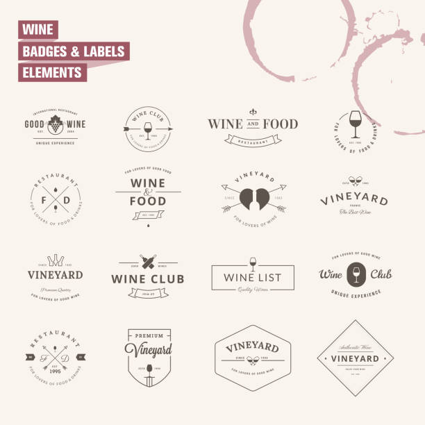 zestaw elementów odznaki i etykiet do wina - bottle design ideas concepts stock illustrations