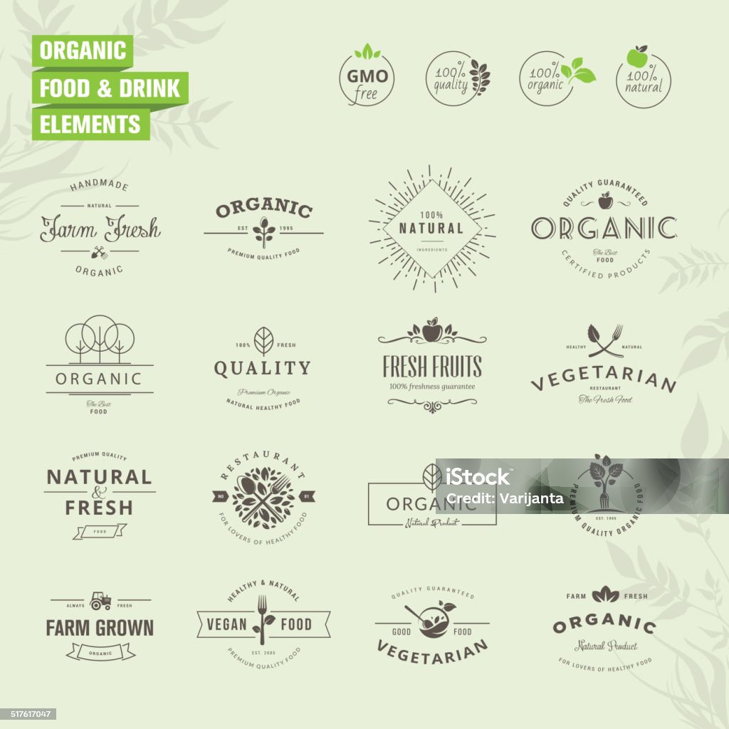 Set of badges and labels elements for organic food and drink Set of vintage style elements for labels and badges for organic food and drink Typescript stock vector