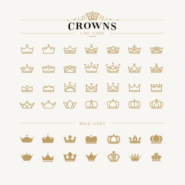 ilustrações, clipart, desenhos animados e ícones de conjunto de ícones de linha e ousada crown - royal person