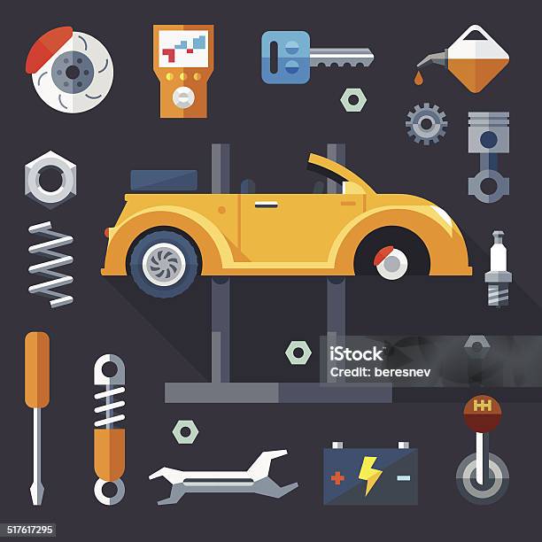 Vector Flat Icons And Illustrations Repair Of Car And Equipment Stock Illustration - Download Image Now