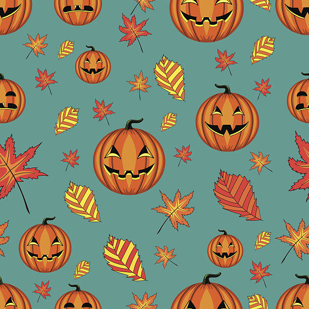 ilustraciones, imágenes clip art, dibujos animados e iconos de stock de patrón sin costuras de halloween pumpkins y hojas otoñales - spider web halloween corn pumpkin