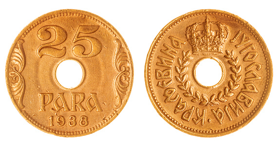 Bronze 25 para 1938 coin isolated on white background, Yugoslavia