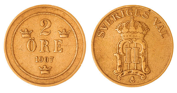 bronze 2 ore 1907 coin isolated on white background, Sweden
