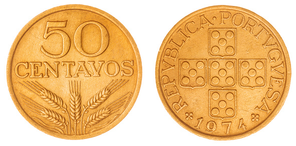 Bronze 50 centavos 1974 coin isolated on white background, Portugal