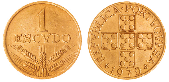Bronze 1 escudo 1979 coin isolated on white background, Portugal