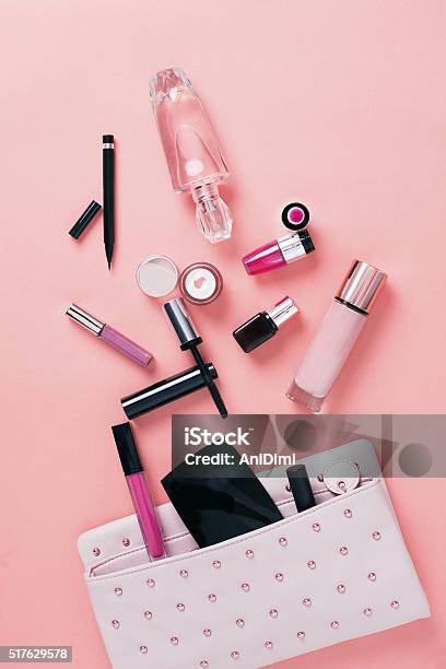 Make Up Bag With Cosmetics Stock Photo - Download Image Now - Perfume, Pink Color, Women