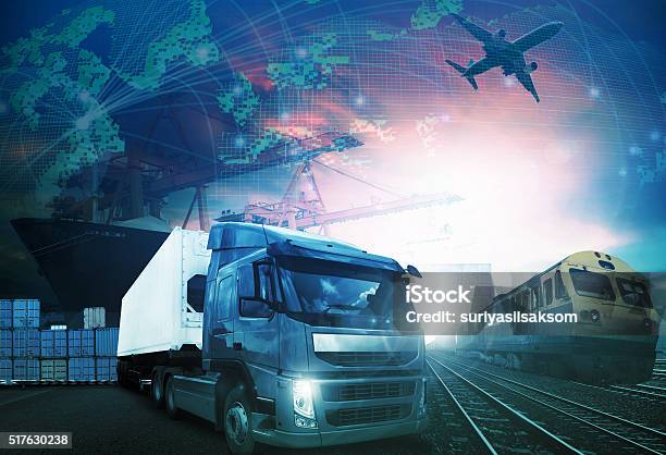 World Trading With Industries Truck Trains Ship And Air Cargo Stock Photo - Download Image Now
