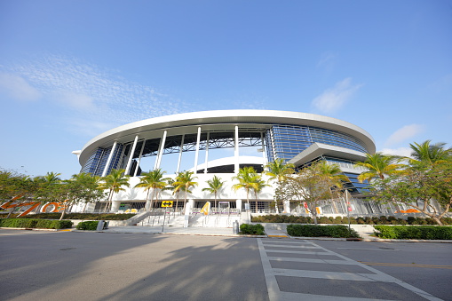 Miami, USA - March 26, 2016: Exterior photo of the Marlins Park home to the Florida Marlins Baseball Team was completed in 2012 and located at 501 Marlins Way