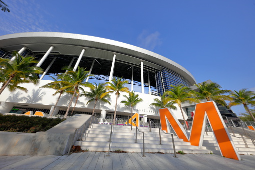 Miami, USA - March 26, 2016: Exterior photo of the Marlins Park home to the Florida Marlins Baseball Team was completed in 2012 and located at 501 Marlins Way