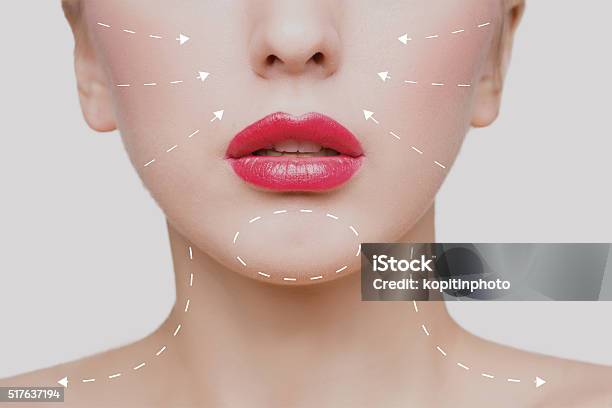 Portrait Of Young Woman With Arrows On Her Face Stock Photo - Download Image Now - Botulinum Toxin Injection, Human Face, Design