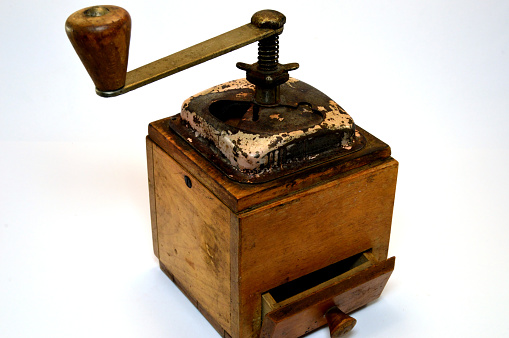 An old wooden coffee grinder from Greece.