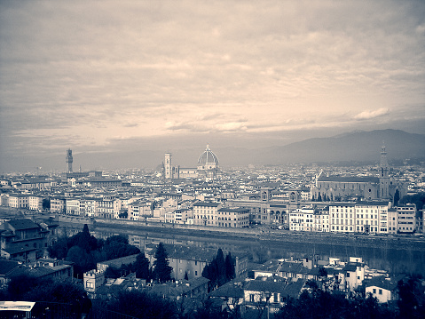 Panoramic view on Florence in black and white; vintage style