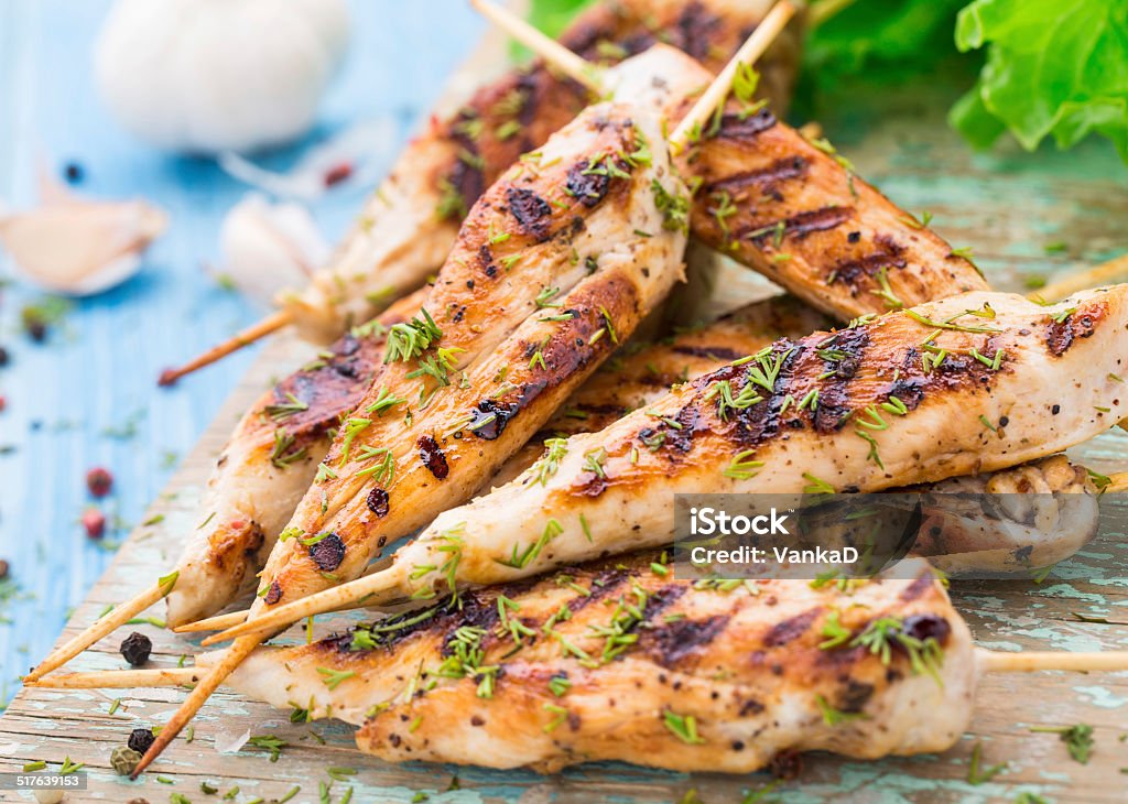 Chicken skewers Delicious chicken skewers with herbs and pepper Bamboo - Material Stock Photo