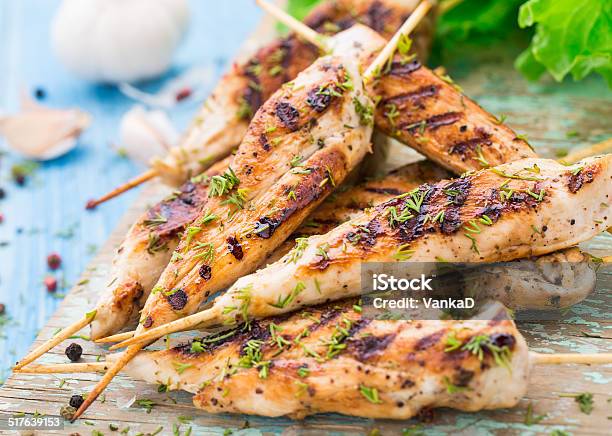 Chicken Skewers Stock Photo - Download Image Now - Bamboo - Material, Barbecue - Meal, Chicken Breast