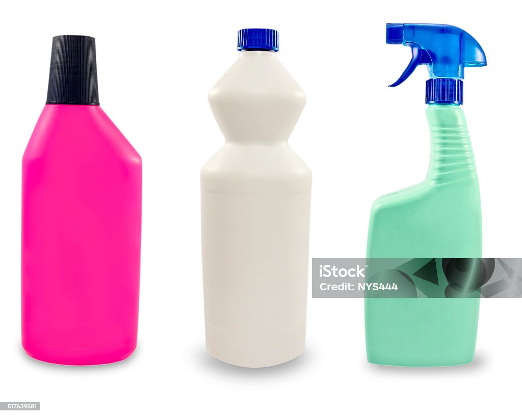 Plastic sanitary bottles.Isolated. Set of plastic sanitary bottles isolated on white background. Antiseptic Stock Photo