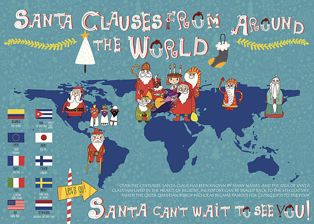 Vector map.A look at Santa Clauses from Around the World. A look at Santa Clauses from Around the World. Colorful large map mapa stock illustrations