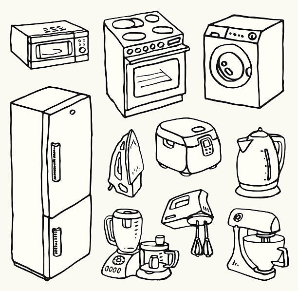  Ilustración de Dibujos Animados Dibujados A Mano Electrodomésticos Para Cocinar Y De Limpieza y más Vectores Libres de Derechos de Frigorífico