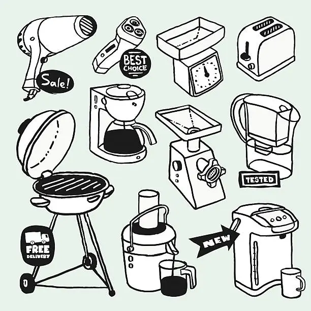 Vector illustration of Hand-drawn cartoon illustrations with electric house appliances