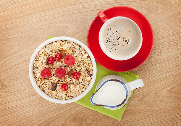 Healthy breakfast with muesli. View from above on wooden table