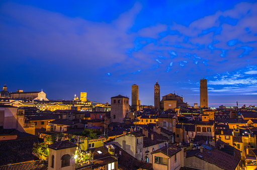Bologna cityscape roofs at night