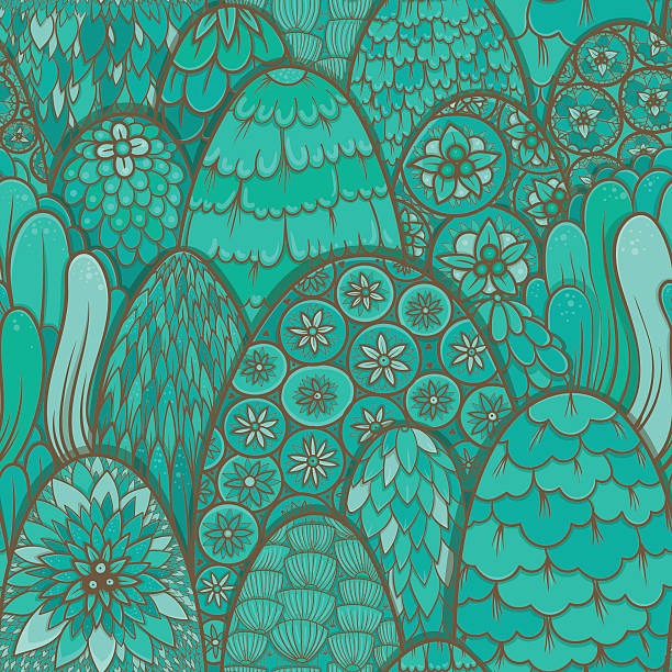 Turquoise seamless pattern with trees and bushes [Converted] Stylized seamless pattern with turquoise trees and bushes. Vector botanical background. Asian theme tree repetition single flower flower stock illustrations