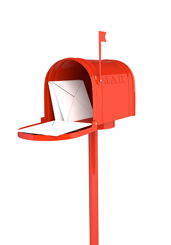 Open red mailbox with letters on white background. 3D illustration, render