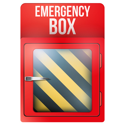 Empty red emergency box with in case of emergency breakable glass. Square format. Vector illustration Isolated on white background. Editable.