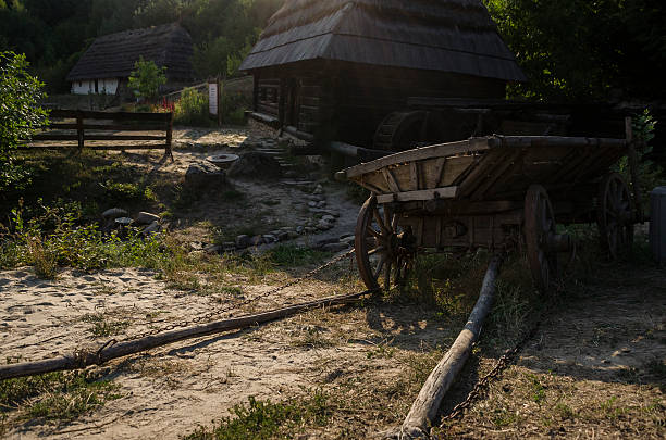 View of the old village with a cart and shed