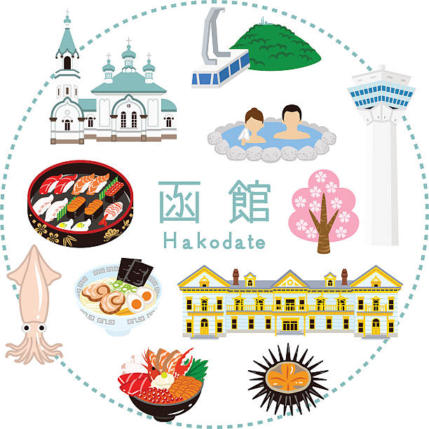 ilustraciones, imágenes clip art, dibujos animados e iconos de stock de hakodate -plano iconos de turismo - kanji japanese script food japan