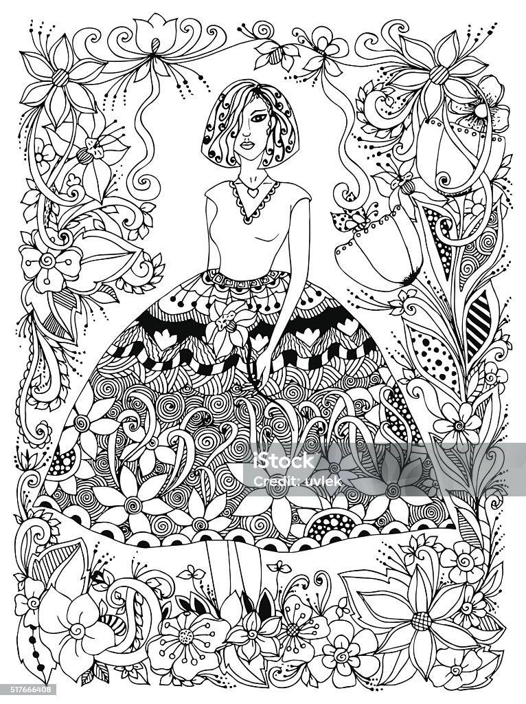 Vector illustration girl holding flower zentangl in lush dress full Vector illustration girl holding flower zentangl in lush dress full growth. Frame of flowers, doodle, zenart. Black and white. Anti-stress.  Adult coloring books. Nature stock vector