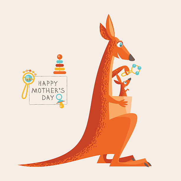 ilustraciones, imágenes clip art, dibujos animados e iconos de stock de tarjeta de felicitación del día de la madre. canguro y un bebé. - young animal mother kangaroo family