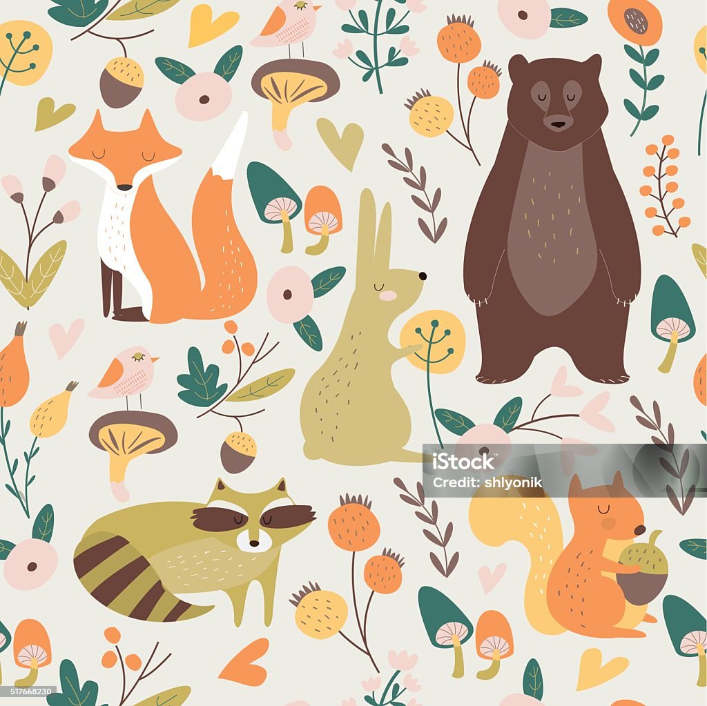 seamlessraccoonanimals Vector seamless background with cute forest animals and plants in cartoon style Baby - Human Age stock vector