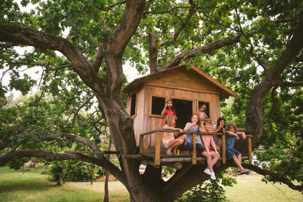 Beautiful creative handmade tree house for kids in backyard of a house. Outdoors summer activities for kids. Child's games. Active family time on nature.