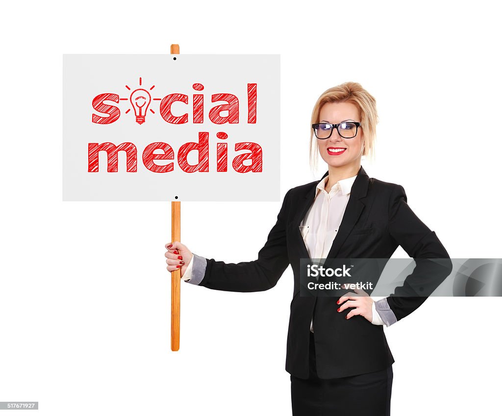 social media businesswoman holding whiteboard with social media on white background Manager Stock Photo