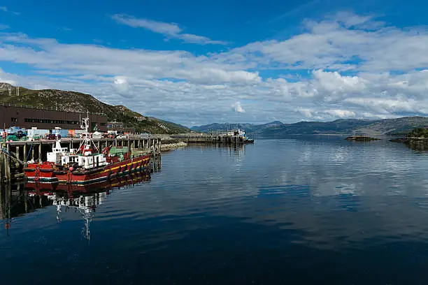 Kyle of Lochalsh harbor looking east down Loch Alsh on the west coast of Scotland.