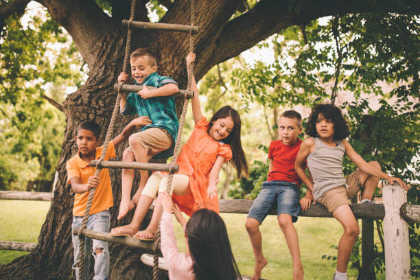 Children playing on fence and rope ladder in a park Group of children from mixed racial groups playing in a park on a rustic wooden fence and a rope ladder hanging down from a large tree on a summer day girl climbing ladder stock pictures, royalty-free photos & images