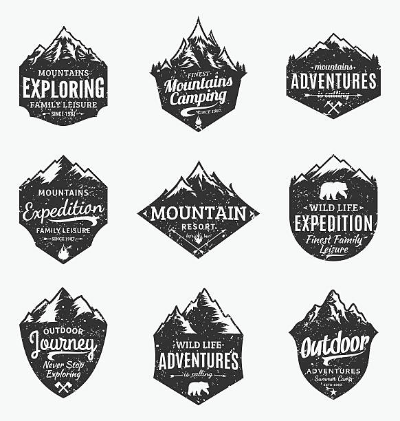 zestaw retro stylu wektor etykiety na góry i na świeżym powietrzu - camping campfire boy scout girl scout stock illustrations