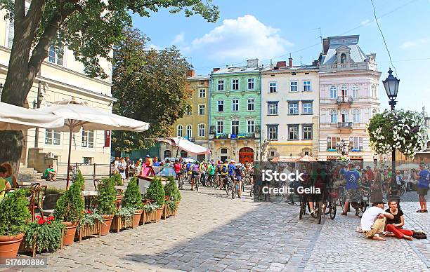People Gathered On The Market Square Lviv Ukraine Stock Photo - Download Image Now