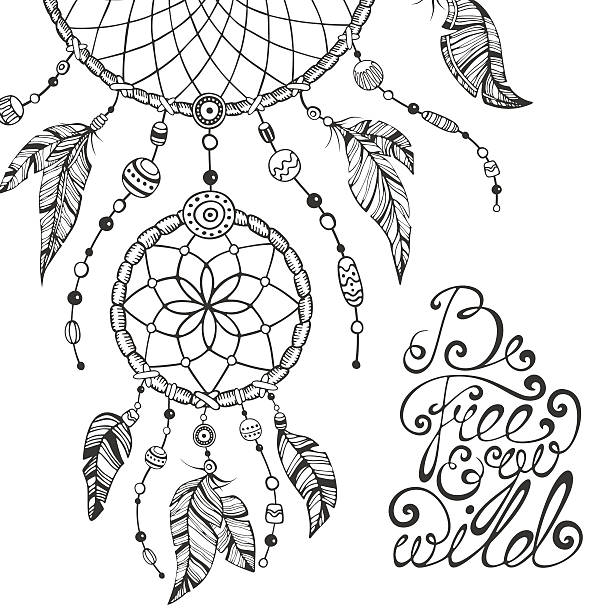 Hand drawn illustration with dream catcher and lettering Vector hand drawn boho black and white illustration with indian tribal sketch dream catcher. Native american indian background with motivation lettering quote symbol north american tribal culture bead feather stock illustrations