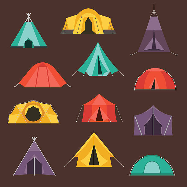 ilustraciones, imágenes clip art, dibujos animados e iconos de stock de iconos de vector de ciudades turísticas - tent camping dome tent single object