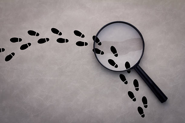 Magnifying glass over footsteps Magnifying glass over footsteps on grey background forensic science stock pictures, royalty-free photos & images