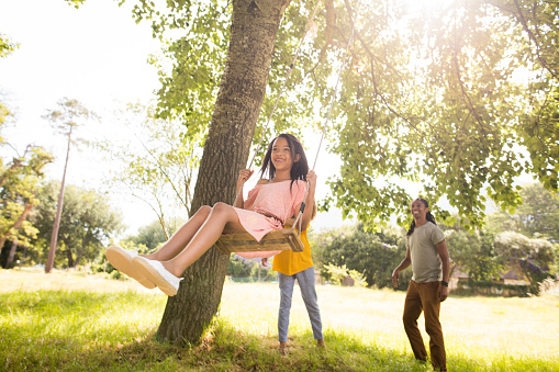 Sweet African-American girl laughs while her mom and dad pushes her on the swing hanging on a stunning tree.